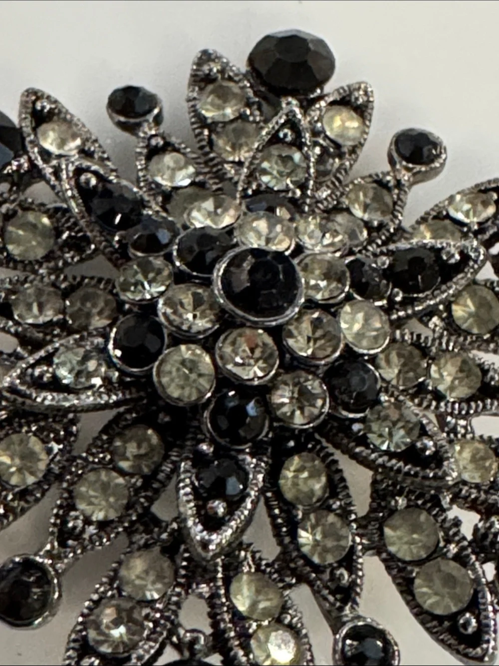 Vintage-Inspired Black and Clear Crystal Floral Brooch - Unbranded